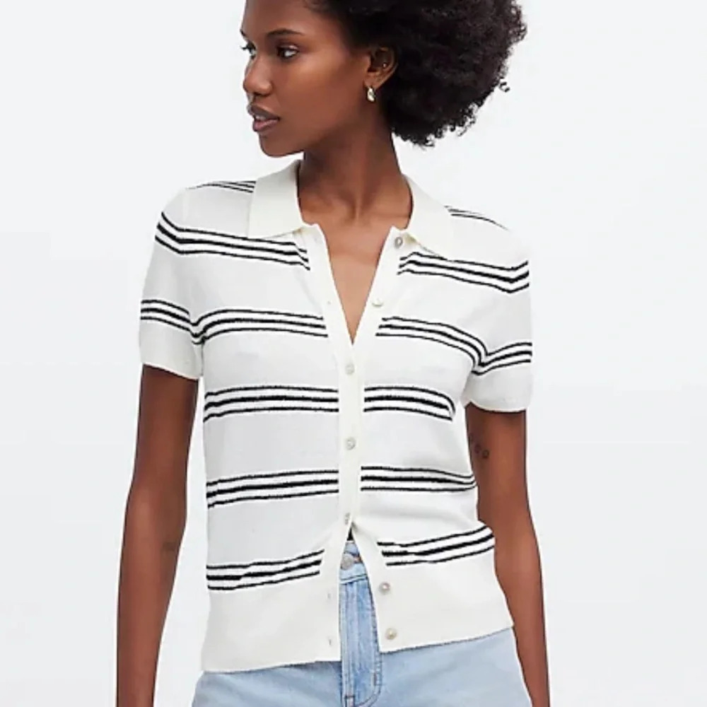 053- Madewell Polo Sweater Short Sleeve in Stripe Size XS